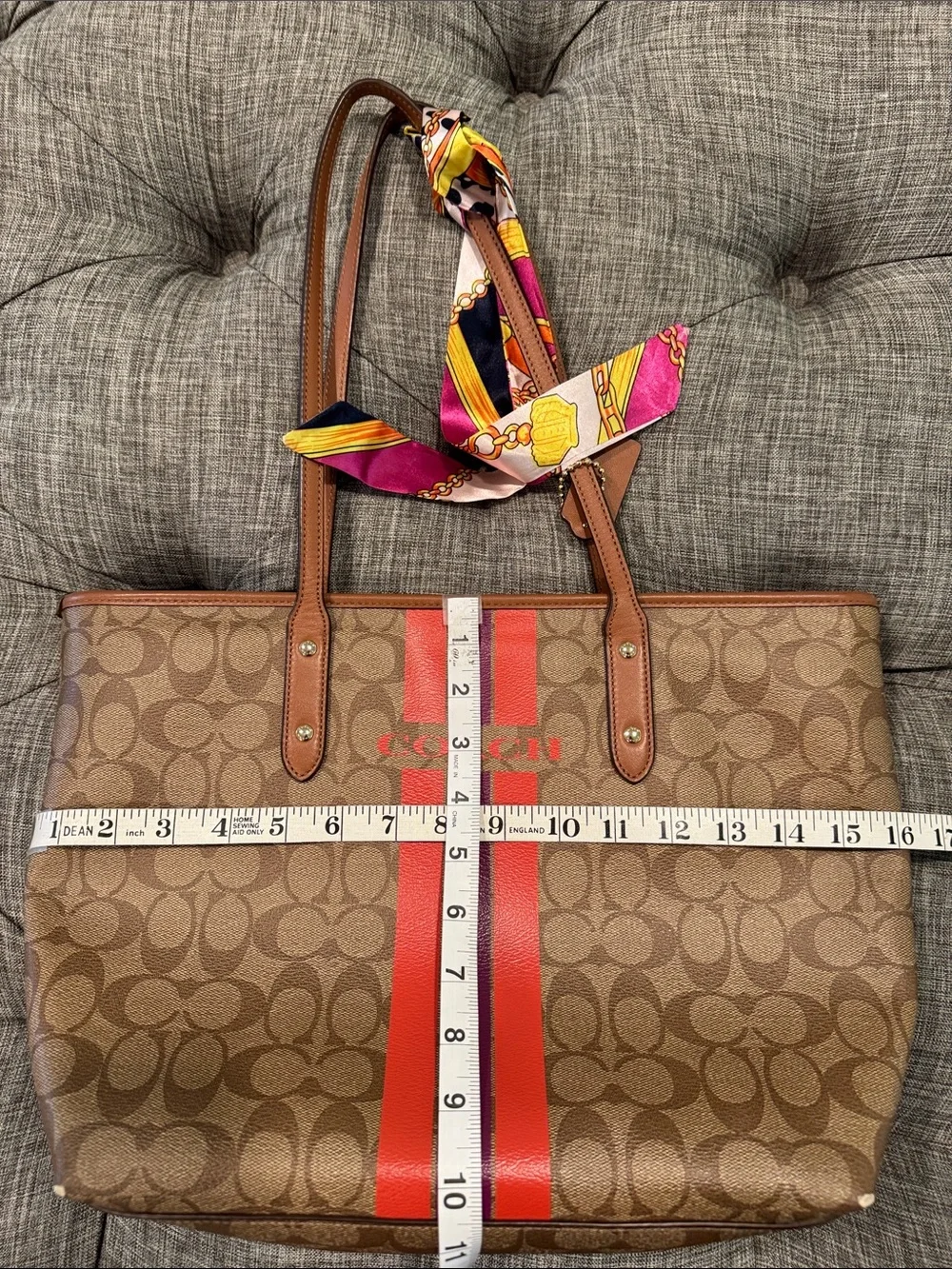 Coach Bag Signature Varsity City Zip Brown Tote with Logo Signature Stripe
